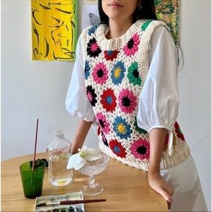 FARM Rio Colorful Floral Crochet Sweater Vest